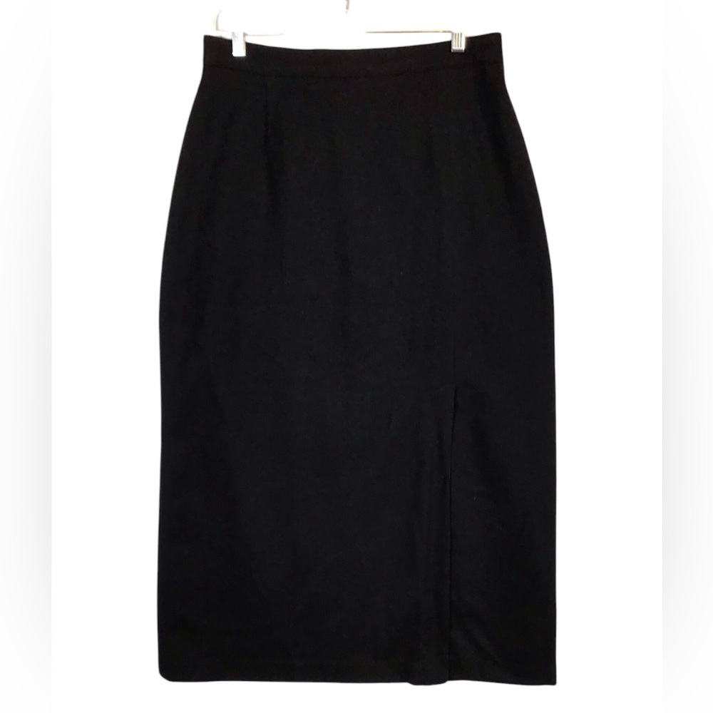 Vintage Sag Harbor Womens Wool Midi Skirt Size 14 Black Front Slit High Waisted